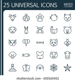 Nature Icons Set. Collection Of Moose, Butterflyfish, Night Fowl And Other Elements. Also Includes Symbols Such As Starfish, Hare, Rabbit.