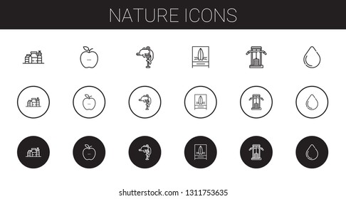 nature icons set. Collection of nature with proteins, healthy food, dolphin, beach, gym station, water drop. Editable and scalable nature icons.
