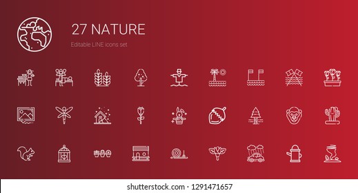 nature icons set. Collection of nature with rain, flower, straw bale, chicken coop, plant, cage, squirrel, pine tree, nut, rabbit, rose, storm. Editable and scalable nature icons.