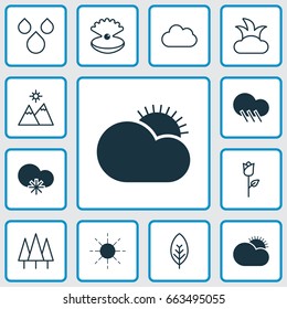 Nature Icons Set. Collection Of Raindrop, Bush, Love Flower And Other Elements. Also Includes Symbols Such As Cold, Shrub, Mountains.