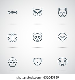 Nature Icons Set. Collection Of Seafood Skeleton, Night Fowl, Baboon And Other Elements. Also Includes Symbols Such As Panda, Puppy, Claw.