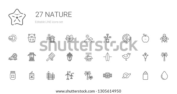 nature icons\
set. Collection of nature with snail, picture, palm tree, wind\
turbine, wheat, peas, honey, chicken, surfboard, global warming.\
Editable and scalable nature\
icons.