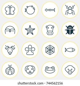 Nature Icons Set. Collection Of Spider, Puppy, Fish And Other Elements. Also Includes Symbols Such As Chimpanzee, Arachnid, Print.