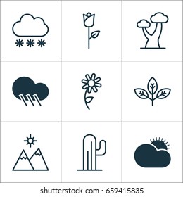 Nature Icons Set. Collection Of Sprout, Cactus, Landscape Elements. Also Includes Symbols Such As Tree, Cactus, Mountains.