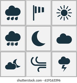 Nature Icons Set. Collection Of Sun, Flag, Breeze And Other Elements. Also Includes Symbols Such As Lightning, Night, Crescent.