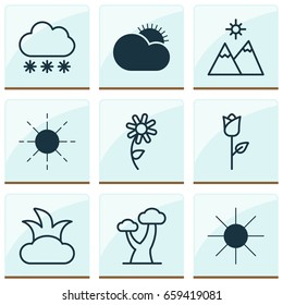 Nature Icons Set. Collection Of Sun, Bush, Oak And Other Elements. Also Includes Symbols Such As Snow, Valentine, Wood.
