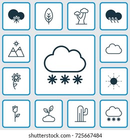 Nature Icons Set. Collection Of Sun, Oak, Cloud And Other Elements. Also Includes Symbols Such As Flower, Cloudburst, Landscape.