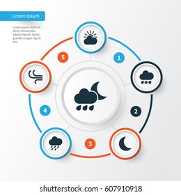 Nature Icons Set. Collection Of Sun-Cloud, Nightly, Breeze And Other Elements. Also Includes Symbols Such As Nightly, Snow, Breeze.