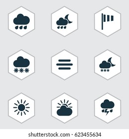 Nature Icons Set. Collection Of Sun-Cloud, Rain, Flag And Other Elements. 