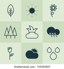 Nature Icons Set. Collection Of Sunny Weather, Forest, Sunflower And Other Elements. Also Includes Symbols Such As Leaf, Tree, Shrub.