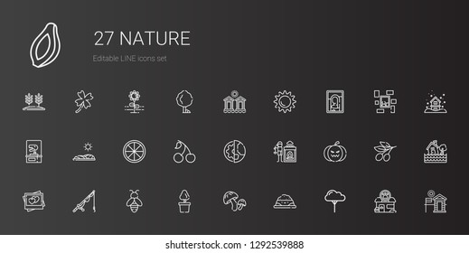 nature icons set. Collection of nature with tree, pet food, mushroom, plant, bee, fishing rod, picture, pumpkin, hot stones, planet earth. Editable and scalable nature icons.