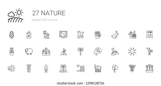 nature icons set. Collection of nature with tree, elephant, beach, palm tree, sprout, eclipse, rainbow, ozone, farmer hoeing, lake, sheep. Editable and scalable nature icons.