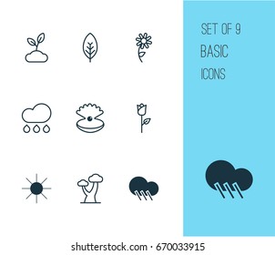 Nature Icons Set. Collection Of Tree Leaf, Love Flower, Plant And Other Elements. Also Includes Symbols Such As Sprout, Sun, Seashell.