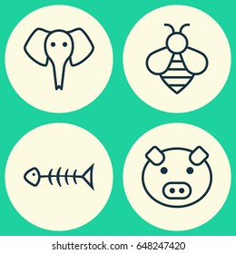 Nature Icons Set. Collection Of Trunked Animal, Bumblebee, Seafood Skeleton And Other Elements. Also Includes Symbols Such As Piggy, Seafood, Bumblebee.