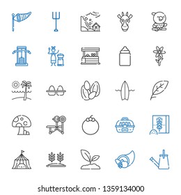 nature icons set. Collection of nature with watering can, cornucopia, sprout, wheat, tent, wheat flour, cage, mangosteen, bench, mushroom. Editable and scalable nature icons.