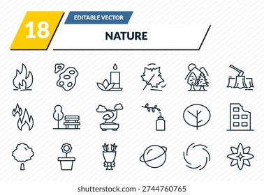 nature icons set - flame, asteroids, flower therapy, whirlpool, petals outline vector collection.