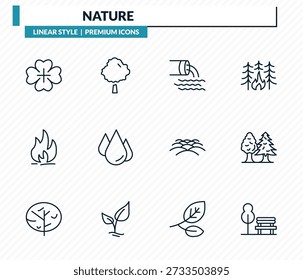 Conjunto de iconos de la naturaleza: trébol de cuatro hojas, árbol de basswood, aguas residuales, árbol con follaje grande, colección de Vector de contorno de banco de parque.