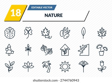 nature icons set - human brian, trifoliate ternate, grape leaf, ginkgo, roses outline vector collection.