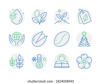 Nature icons set. Included icon as Bio tags, Gluten free, Christmas tree signs. Sun energy, Plants watering, Water drop symbols. Organic tested, Pistachio nut, Grow plant. Thermometer. Vector