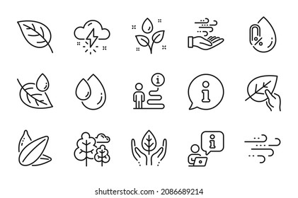 Nature Icons Set. Included Icon As Wind Energy, Plants Watering, Tree Signs. Sunflower Seed, Organic Tested, Windy Weather Symbols. Thunderstorm Weather, Leaf, No Alcohol. Oil Drop. Vector