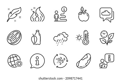 Nature icons set. Included icon as Weather forecast, Rainy weather, Water bottle signs. Brazil nut, Leaves, Wind energy symbols. Pecan nut, Feather, Fire energy. Eco food line icons. Vector