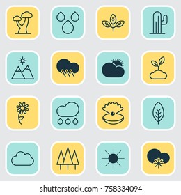 Nature Icons Set. Includes Icons Such As Sunshine, Forest, Tree Leaf And Other.