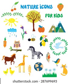 Nature icons set for kids - funny design