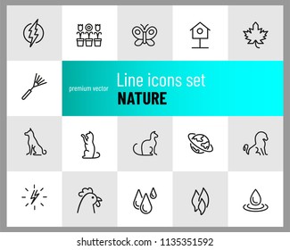 Nature icons. Set of  line icons. Butterfly, earth, cock. Environment concept. Vector illustration can be used for topics like ecology, climate, flora and fauna