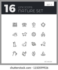 Nature icons. Set of  line icons. Butterfly, earth, cock. Environment concept. Vector illustration can be used for topics like ecology, climate, flora and fauna