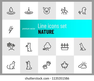 Nature icons. Set of line icons. Dog, lightning, houseplant. Environment concept. Vector illustration can be used for topics like ecology, nature