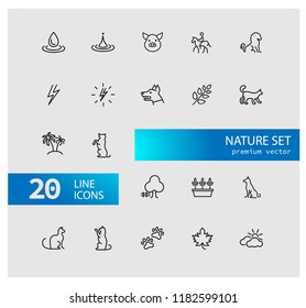 Nature icons. Set of line icons. Dog, lightning, houseplant. Environment concept. Vector illustration can be used for topics like ecology, nature