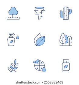Nature icons set. Line Duotone style, editable stroke. leaf, tornado, tree, lotion, nature, globe, gas, forest, cactus.