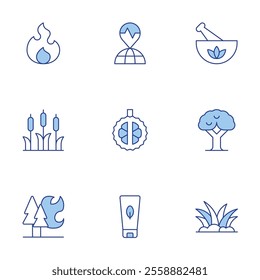 Nature icons set. Line Duotone style, editable stroke. cattail, durian, grass, forest fire, tree, earthquake, remedy, flammable, lotion.