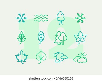 Nature icons. Set of line icons on white background. Wood, snowflake, overcast. Fall concept. Vector illustration can be used for topics like plants, weather, environment