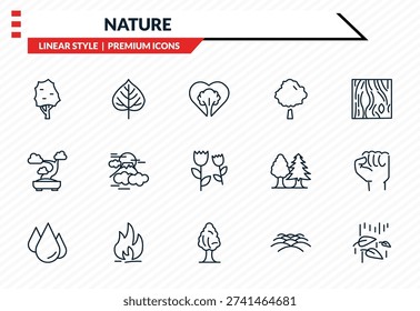 nature icons set - the maples tree, quaking aspen tree, bonsai tree, black ash leaf and drop outline vector collection.