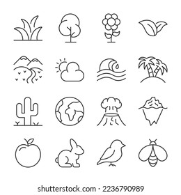 Nature icons set. Natural phenomena, terrain, plants and animals, linear icon collection. Line with editable stroke