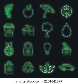 Nature icons set in neon style. Ecology, eco set collection vector illustration
