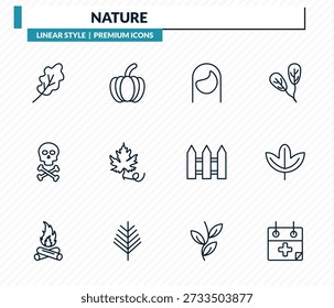 Conjunto de iconos de la naturaleza: hoja de roble, agricultura, estilo de cabello, hoja de sasafrás, tratamientos para delinear la colección de Vector.