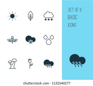 Nature icons set with sun, rose, foliage and other cold climate elements. Isolated vector illustration nature icons.