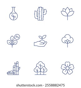 Nature icons set. Thin Line style, editable stroke. cactus, ecology and environment, forest, lotus, natural product, organic cotton, plant, sakura, sugar.