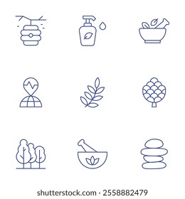 Nature icons set. Thin Line style, editable stroke. beehive, earthquake, forest, lotion, mortar, nature, pine cone, remedy, stones.