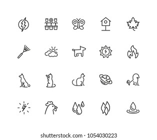 Nature icons. Set of twenty line icons. Butterfly, earth, cock. Environment concept. Vector illustration can be used for topics like ecology, climate, flora and fauna