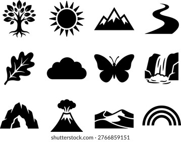 Nature Icons Set Vector Illustration. A clean black and white nature themed icon set including tree, sun, mountain, river, leaf, cloud, butterfly, waterfall, rocks, volcano, desert and rainbow symbols.
