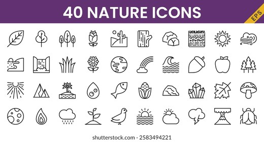 Nature icons set, vector, in line style, for sustainability, nature, garden, global warming, go green, etc.