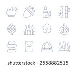 Nature icons. Thin Line style, editable stroke. acorn, argan oil, bamboo, cattail, durian, fertilizer, forest, mortar, pine cone, stones, tree, trees.