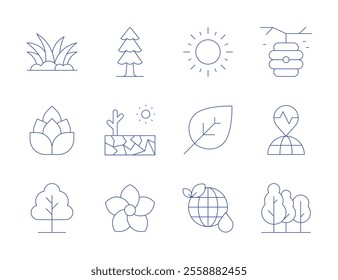 Nature icons. Thin Line style, editable stroke. beehive, drought, earthquake, flower, forest, globe, grass, hop, sun, tea leaf, tree.