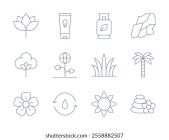 Nature icons. Thin Line style, editable stroke. gas, grass, lotion, lotus, mineral, natural, organic cotton, palm tree.