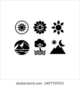 nature icons tree flower mountain river sun moon vector design