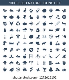 nature icons. Trendy 100 nature icons. Contain icons such as pumpkin, mud, spa stones, Cocktail, love bird, hand with seeds, goat, harvest, leaf. nature icon for web and mobile.