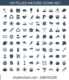 nature icons. Trendy 100 nature icons. Contain icons such as themometer, pepper, rainbow, Cocktail, alligator, animal paw, sun, sun battery, bee. nature icon for web and mobile.